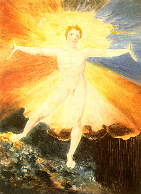 Man standing with arms outstretched surrounded by light