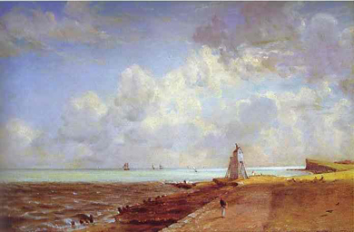Constable's lighthouse on bay with ships and clouds