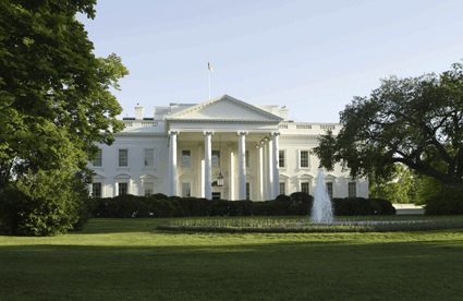 The north side of the White House, columns gleaming in early spring light
