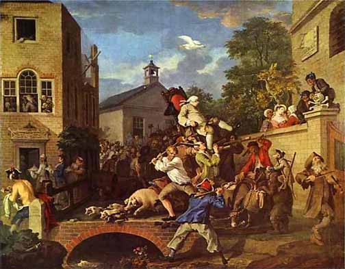 Hogarth's rambunctuous scene of a member being chaired