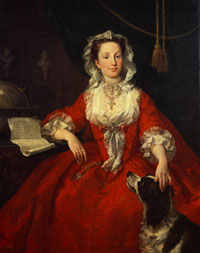Mary in a red gown with dog