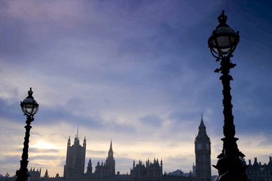 Houses of Parliament, London, and unlit lamps