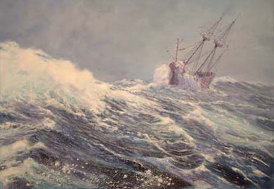 Mike Haywood's painting of a storm-tossed Mayflower in mid-Atlantic