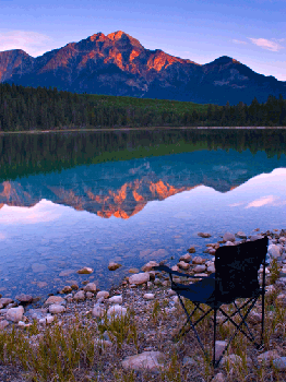Lake in Jasper National Parkwilderness with chair on shore