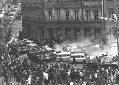 Russian and Warsaw Pact tanks roll into Prague in 1968 to crush Prague Spring