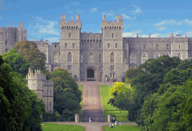 The stone entrance towers of Windsor Castle, England