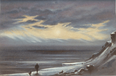 Painting of Antarctic with snowy landscape, man and dog