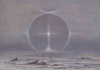 Antarctic moon with orb of light above sea