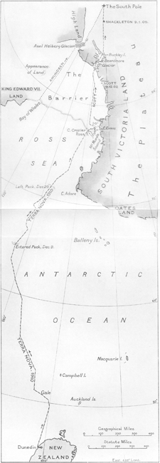 Map showing Scott expedition route from New Zealand to the South Pole