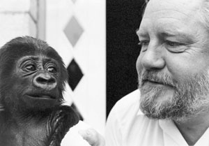 Durrell smiling affectionately at monkey