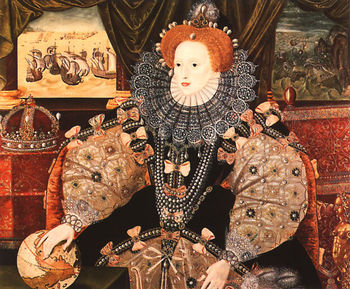 Elizabeth I, bejewelled, rests one hand on a globe