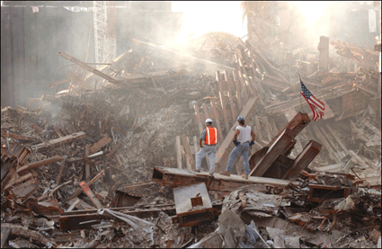 Ruins of World Trade Center are looked at by two construction workers