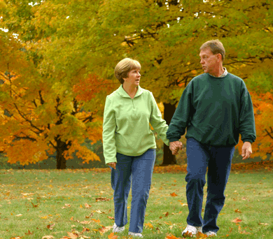 Older couple, hand in hand, walking through autumn leaves