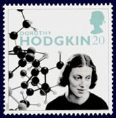 Dorothy Hodgkin and crystal sructure on British stamp