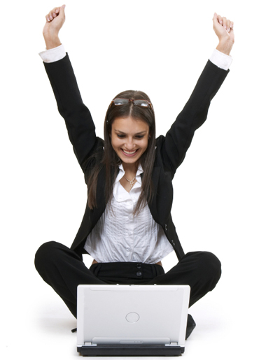 Girl lifts in arms in triumph over wireless computer