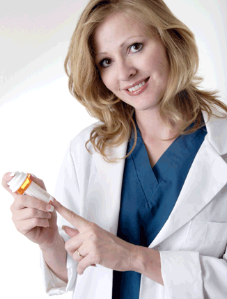 Charming woman pharmacist holding bottle of penicillin pills