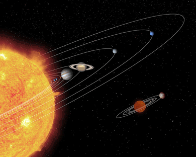 Planets circling around the blazing sun