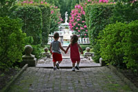 Small children approach a garden