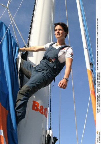 Ellen MacArthur in bib jeans on her trimaran
