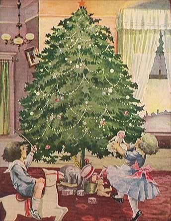 Children and tree on Christmas card